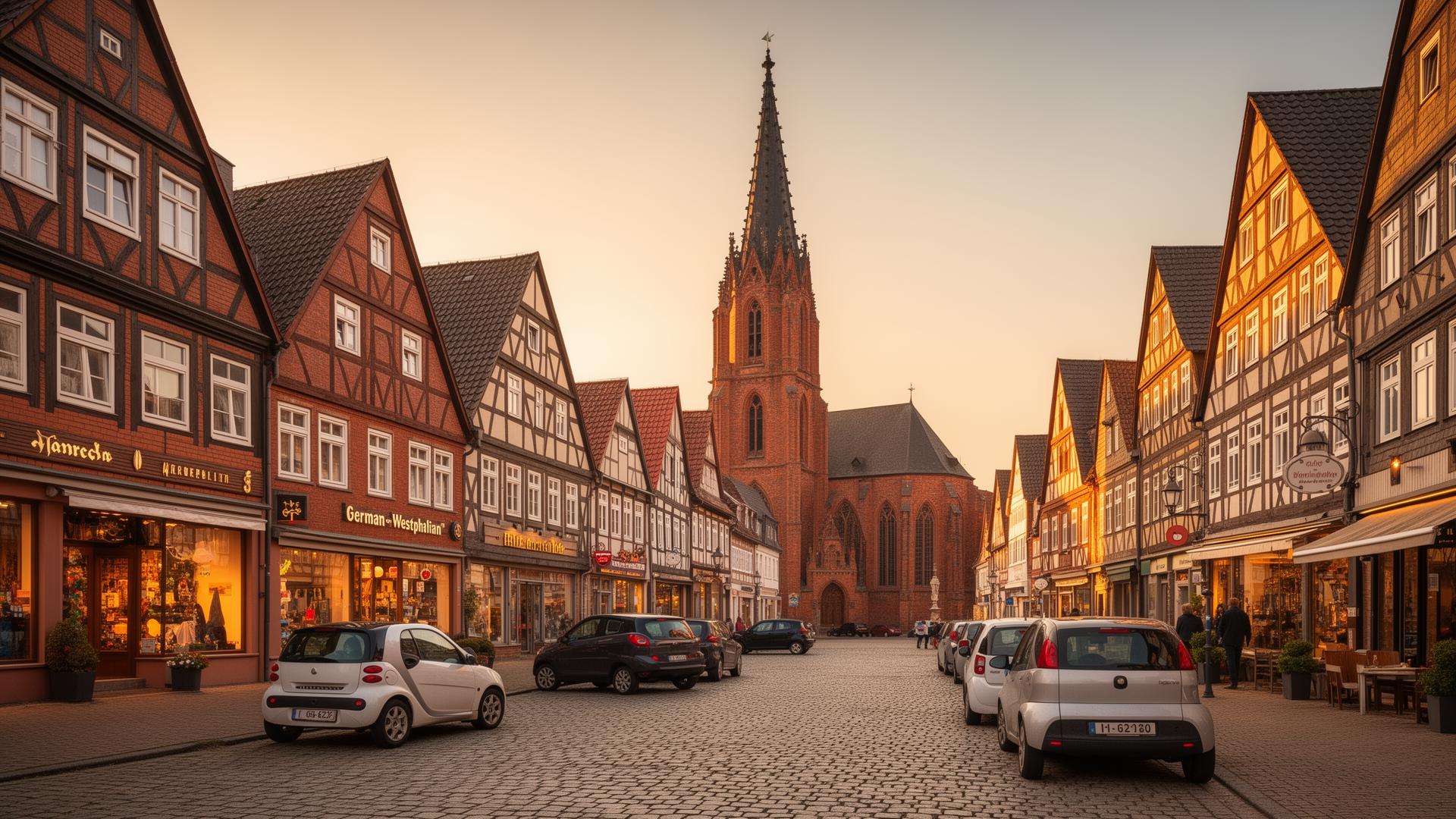 Kfz-Gutachter Iserlohn – Westfälische Innenstadt mit Fachwerkhäusern, Kopfsteinpflaster und Kirchturm – Vor-Ort-Begutachtung Kreis Warendorf (PLZ 58636/58638/58640/58642/58644, Kreis Warendorf)